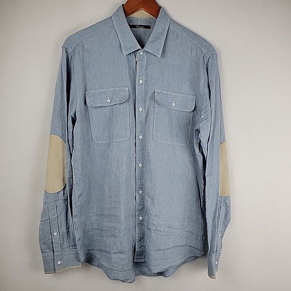 7 Diamonds Cowboys & Angel Shirt Men Medium Linen Slub Elbow Patch Contrast Cuff - Picture 3 of 15